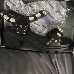 Forever Black Jeweled Platform Sandals with Gold Studs